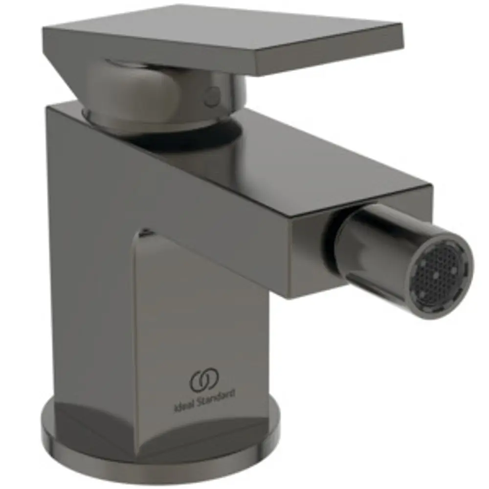 Bidetarmatur in modernem Design, hergestellt von Ideal Standard. Die Armatur hat einen ausgestellten Wasserhahn und eine runde Auslassöffnung. Farbe: Magnetic Grey.
